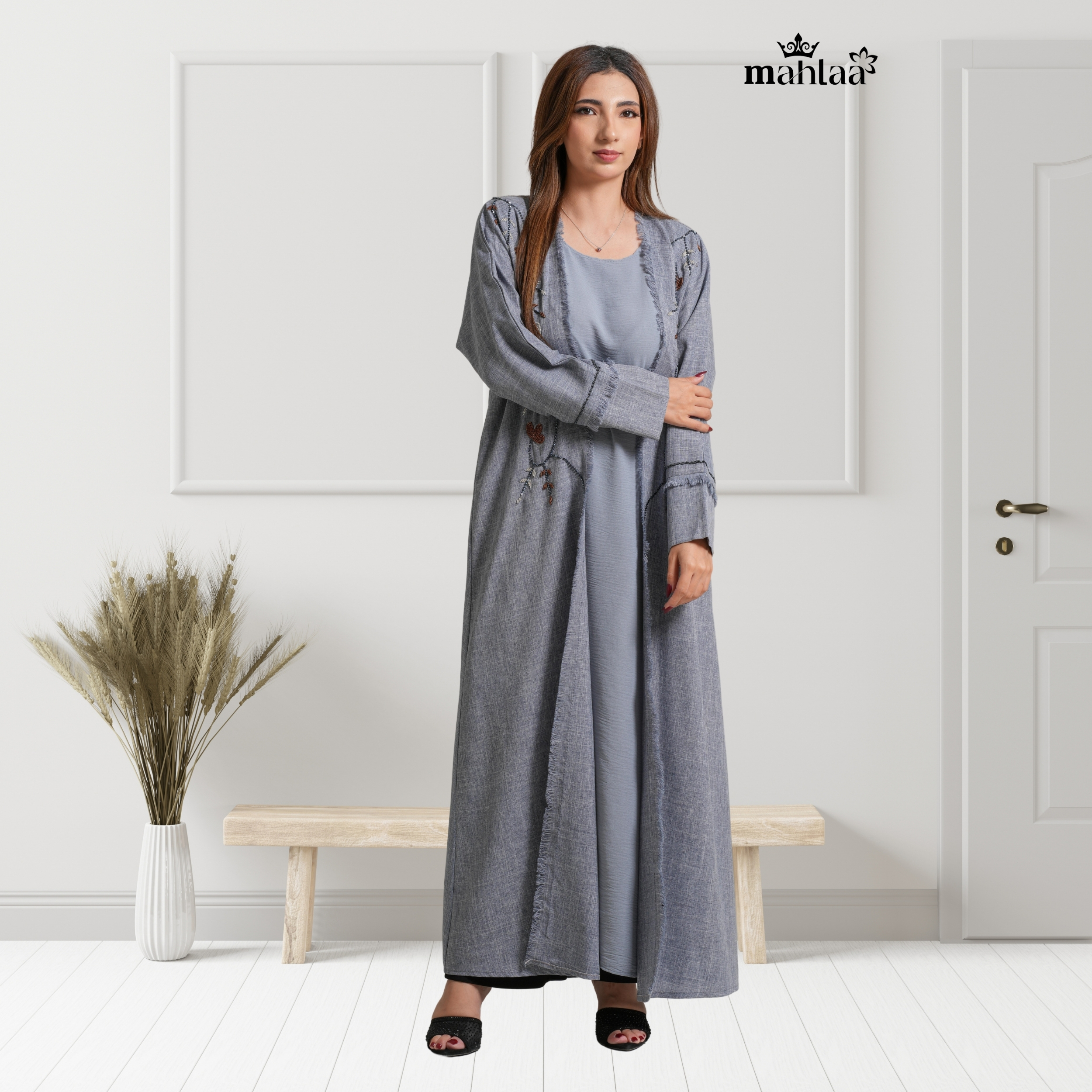 Ash Blue Nature-Inspired Abaya |